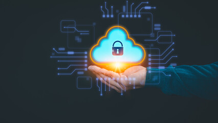 Poster - Person holding a glowing cloud icon with a security lock, surrounded by digital circuit lines, symbolizing cloud security, data protection, and cybersecurity.