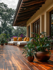 Poster - Modern terrace design with wooden flooring, plants, and cozy seating. serene outdoor space perfect for relaxation and enjoyment