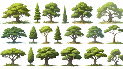 Poster - a collection of various illustrated trees, showcasing diverse shapes and lush green foliage. A vibrant and colorful display of nature's beauty.