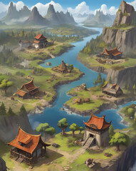 Poster - a picturesque village nestled amidst towering mountains and a winding river. The traditional Asian-style buildings are surrounded by lush greenery and offer a sense of tranquility and peacefulness