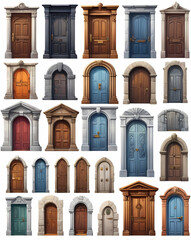 Poster - a collection of various vintage wooden doors, each with unique designs, archways, and intricate details. This creates a sense of history, craftsmanship, and architectural diversity.