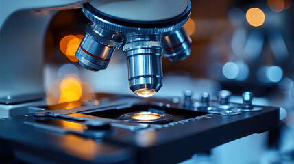 Poster - close up view of microscope showcasing its intricate details and lenses, highlighting scientific exploration and discovery