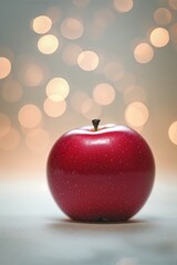 Poster - red apple stands out against a background of softly glowing lights during evening ambiance