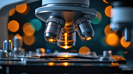 Fototapete - close up view of microscope with illuminated lenses, showcasing intricate details and blurred bokeh background