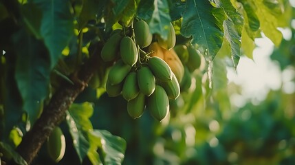 Green fruits growing on tree branch, sunlight, orchard, agriculture, food