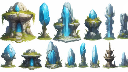 Poster - various stylized crystal formations, shimmering with a captivating blue glow. These artistic structures evoke fantasy and mystical themes, featuring an array of shapes and embellishments.