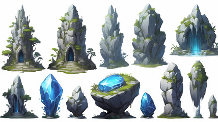 Aufkleber - fantasy landscape illustration featuring mystical structures and crystals 