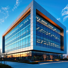Poster - Modern office building with large glass windows and sunset reflection