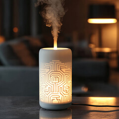 Poster - minimalist ceramic aroma diffuser emits steam in cozy living room, creating calming atmosphere