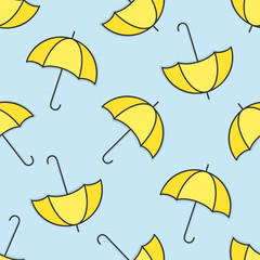 Wall Mural - Yellow umbrellas on blue background. Autumn vector seamless pattern.