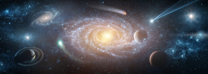Wall Mural - view from space to the galaxies, stars, comet, asteroid, meteorite, nebula, saturn. cosmic panorama 