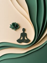 Poster - Fluid paper art background with meditating figure and lotus flower for a calm atmosphere Generative AI