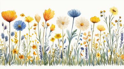 Canvas Print - Watercolor wildflower meadow border; spring floral design for cards, prints