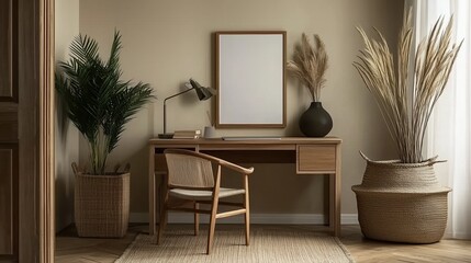 Aufkleber - Elegant minimalist hallway interior with a wooden desk, rattan chair, black potted plants, and canvas wall art. Soft beige walls, natural lighting, and warm boho-style decor create a serene and stylis