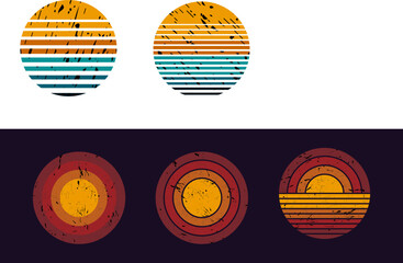 Poster - Three retro-style circular designs feature warm colors and grunge textures, showcasing abstract sun motifs.