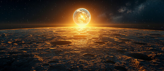Wall Mural - A glowing moon above a cratered terrain at night