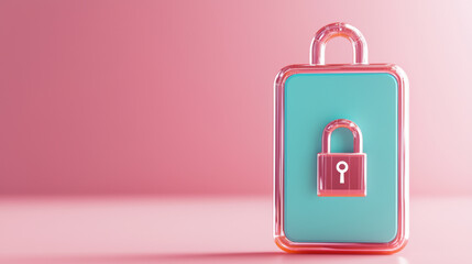 Poster - colorful 3D illustration of padlock on turquoise background, symbolizing security and protection. design features modern, minimalistic style with soft pink backdrop