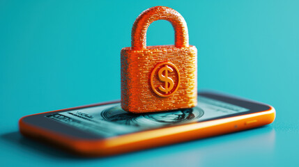 Poster - 3D illustration of mobile phone with dollar sign lock, symbolizing financial security and digital transactions. vibrant colors enhance modern feel of online banking