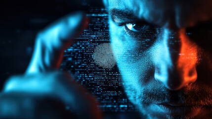 Poster - Cyber forensic expert analyzing breached system with focus on digital fingerprint. intense expression highlights urgency of cybersecurity