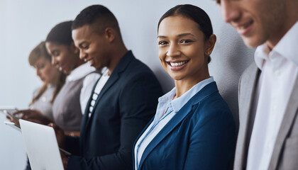 Aufkleber - Woman, laptop and waiting in line for interview with job opportunity, recruitment process and company research. Hiring, portrait and candidate in human resources office with tech or corporate vacancy