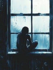 Poster - Lonely figure sitting by a rainy window with deep blues and grays reflecting moody atmosphere in a quiet, introspective moment