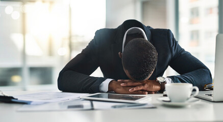 Poster - Business, headache and man in office, tired and overworked with deadline. Person, employee and accountant in workplace, migraine and frustrated with anxiety, fatigue or burnout with pain or exhausted