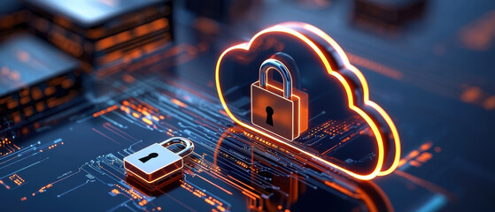 Poster - glowing digital cloud with padlocks symbolizes data security and encryption. This represents importance of protecting information in digital age