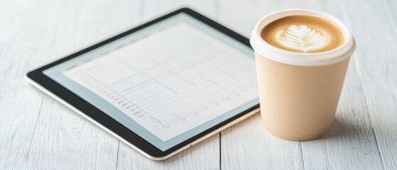 Poster - minimalist flat lay featuring budget spreadsheet on tablet beside coffee cup. scene conveys productive atmosphere, perfect for work or study