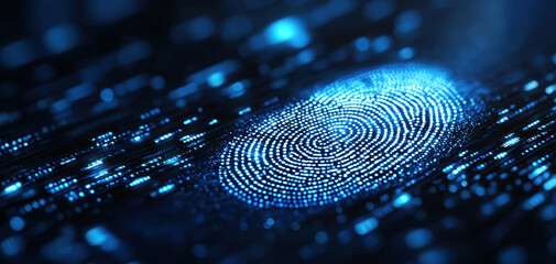 Poster - Digital fingerprint technology represents advanced authentication methods, showcasing blue fingerprint pattern amidst backdrop of glowing data points