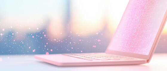 Aufkleber - modern pink laptop with glowing screen, surrounded by dreamy atmosphere. soft colors and sparkles create serene and inspiring workspace
