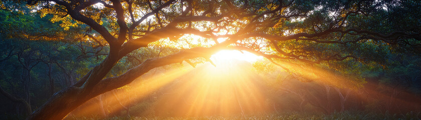 Poster - stunning panorama of dense forest at golden hour, with sunlight streaming through trees, creating magical atmosphere