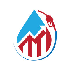 Poster - The image shows a flat monogram logo design that depicts an oil drop with graph bar and arrow. 