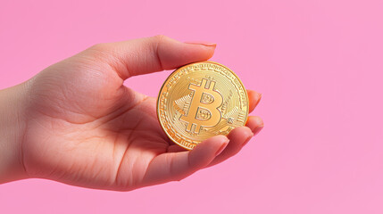 Poster - hand holding golden Bitcoin against pink background, symbolizing financial success and investment opportunities