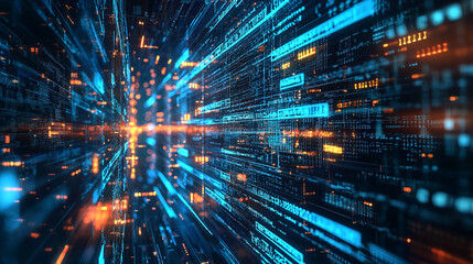 Poster - Abstract digital data stream futuristic technology background blue orange web code flow cyber light