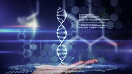 Poster - Visualizing animation of DNA strand and data over open hand with futuristic graphics