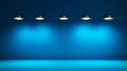 Poster - Blue studio background with five hanging lamps modern interior design room dark wall space empty