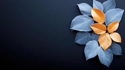 A black background with a blue and orange leafy flower. The flower is made of leaves and is on a black background