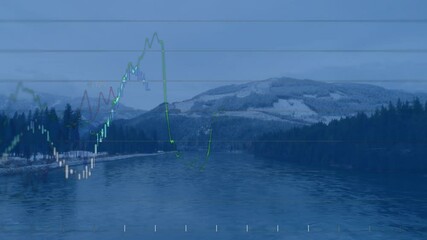 Poster - Financial graph animation over serene snowy mountain landscape and river