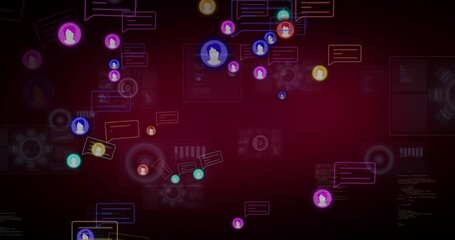 Poster - floating colorful chat bubbles and social media icons over digital interface background