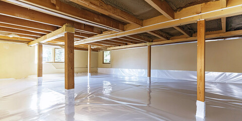 Poster - Gleaming vapor barrier installed in spacious basement area Generative AI