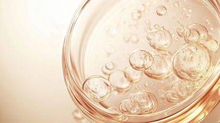 Aufkleber - Elegant abstract background featuring golden bubbles suspended in liquid within a circular glass plate. Soft light beige gradient creates a luxurious and refined atmosphere, ideal for cosmetic product