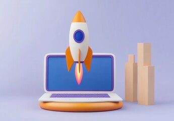 Poster - Orange and white rocket launching from a laptop screen, set against a light purple background with wooden block buildings. 3D rendered illustration.