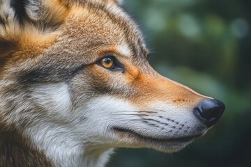 Poster - Majestic wolf with striking eyes observed in a lush forest setting during a sunny afternoon Generative AI