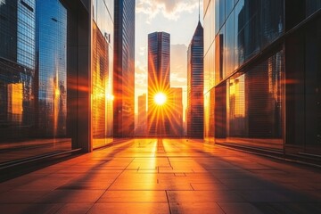 Aufkleber - Sunset illuminating city buildings with golden light pouring through empty streets Generative AI