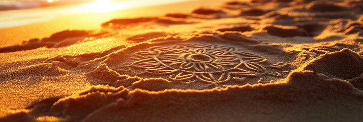 Aufkleber - Intricate sand drawings illuminated by warm golden light at the beach during sunset