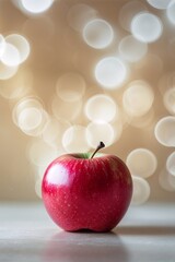 Poster - bright red apple placed on a surface with shimmering lights in the background during a cozy indoor s