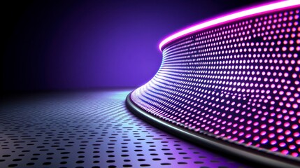 Poster - Abstract digital art featuring a curved, purple and pink LED light display on a metallic surface. The lighting creates a futuristic and technological atmosphere.