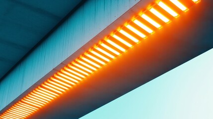 Poster - abstract image of warm toned led lights mounted on a textured concrete surface against a bright, coo
