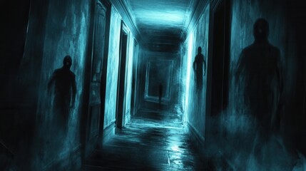 Poster - Dark corridor filled with ghostly figures and flickering light creates a chilling cinematic horror atmosphere