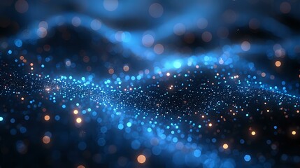 Aufkleber - Glowing blue and orange particles forming dynamic waves against dark background, creating ethereal atmospheric effect with bokeh lights and depth of field.